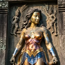 a relief sculpture of wonder woman on the wall of Angkor Wat, photo real, cinematic loghting, hd.