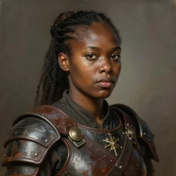 portrait painting of a round - faced black warrior woman with a ponytail wearing battered leather armor, sharp focus, award - winning, trending on artstation, masterpiece, highly detailed, intricate. art by aurore folny