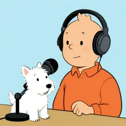 cartoon tintin with headphones and big microphone, podcast! white terrier, drawn in the style of moebius!!