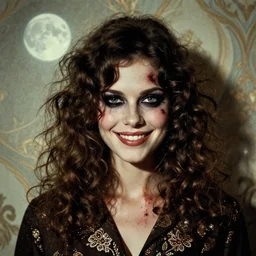 a handsome but creepy, sinister, smiling young woman, with haunted eyes and curly hair, 1 9 7 0 s, seventies, wallpaper, a little blood, moonlight showing injuries, delicate embellishments, painterly, offset printing technique, by brom, robert henri, walter popp