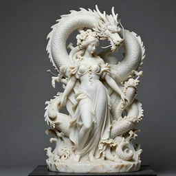 a woman in a white dress with a dragon on her head, a marble sculpture by huang guangjian, cgsociety contest winner, fantasy art, detailed painting, intricate, rococo