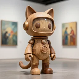 3 d octane render ultra 8 k photorealistic hyper detailed unreal engine a vhs futurepunk concept art, trending on cgsociety artwork masterpiece in a contemporary art gallery lossless quality wooden sculpture statue on feet art toys a very cute mystical robot of the bohemian with cats ears