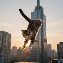 a cinematic photograph of a cat doing parkour on a tall skyscrapers in a city, at sunset, ultra detailed, realistic, beautiful lightning, golden hour time, 8 k, high depth field