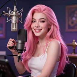joyful seraphine, from league of legends, pink hair, au naturel, studio microphone, new musical instruments, hyper detailed, digital art, trending in artstation, cinematic lighting, studio quality, smooth render, unreal engine 5 rendered, octane rendered, art style by klimt and nixeu and ian sprigger and wlop and krenz cushart