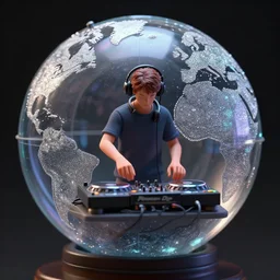 tiny realistic person djing inside a glitter globe, octane, hyper detailed, trending on deviantart, sharp focus, weta digital, micro details, 3 d sculpture, structure, ray trace, photography, trending on artstation, photorealistic, unreal engine