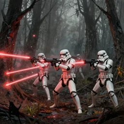 imperial stormtroopers shooting red blaster bolts in a burned lifeless forest with burned trees and plants concept art by Doug Chiang cinematic, realistic painting, high definition, digital art, symmetrical, very detailed, extremely high detail, photo realistic, concept art, unreal engine 5, the Mandalorian concept art style
