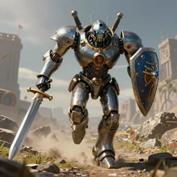 dynamic photograph of a robot sprinting towards the camera, with a sword and shield in hand, steampunk neochrome coloring, concept art high detail, AAA studio development