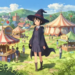 young student witch wearing magic school uniform patrolling around small town carnival amusement, food stalls, big top circus tent, highly detailed, magical, japan, digital painting, concept art, matte, art by ruan jia and wlop and greg rutkowski and makoto shinkai, masterpiece