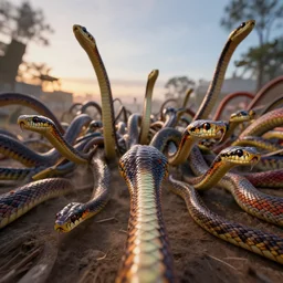 realistic photo first person perspective, colorful snakes stampede towards camera, attacking and chasing me, dramatic lighting, early evening, professional photography, high detail, cinematic lighting, unreal engine, deviant art