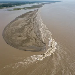 top view of muddy river delta joining sea by hiroshi yoshida, ridley scott, roger deakins, turner, rothko, hyperrealism, turbulent james jean landscape, matte painting, fluid simulation, trending on artstation, 8 k high detail concept art, rendered in octane