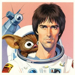 risograph grainy drawing vintage sci - fi, antagonist, satoshi kon color palette, kurt russel in a space suit with gizmo from gremlins behind him, painting by moebius and satoshi kon and dirk dzimirsky close - up portrait