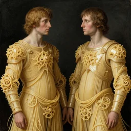 1 0 mm, siamese twins made of spaghetti, intricate armor made of fractals of spagetthi, highly detailed, by giuseppe arcimboldo and ambrosius benson, renaissance, a touch of beksinski, realistic