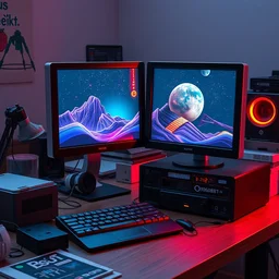 photorealistic 3 d art by sady fofana on artstation of a dual - screen personal - computer with a magneto - optical drive and pen tablet, in a workshop. cassette futurism ; retrofuturism.