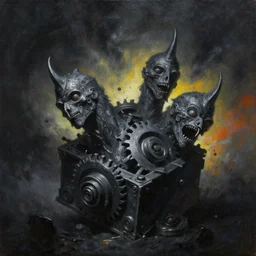 oil painting of poxed tamiscolaris heads mixed into jet gear box crashing, with gradient atomic sky hellstorm, black light art painting, cinematic, in style of geof darrow