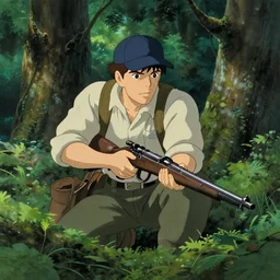 1 9 8 0 s illustration of a caucasian man with a baseball hat and a rifle, crouching through a lush old green forest, detailed japanese 1 9 8 0 s illustration, tense atmosphere, 1 9 8 0 s stephen king, high quality digital painting by simon besombes, ross tran, kacper niepokolczycki, studio ghibli, tilted view, muted colors