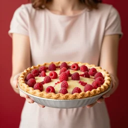 A woman holding raspberry pie, red background
