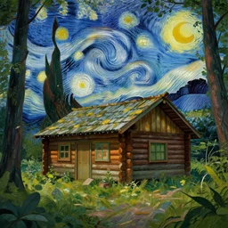 [ a log cabin in the forest ] [ van gogh ] [ scifi ]