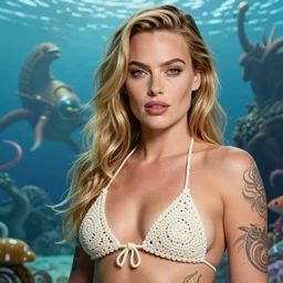 tattooed margot robbie posing in a crochet bikini, atlantis in the background, highly detailed face, realistic face, beautiful eyes, detailed eyes, fantasy art, in the style of greg rutkowski, illustration, epic, fantasy, intricate, hyper detailed, artstation, concept art, smooth, sharp focus, ray tracing, vibrant,