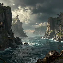 landscape by denise scott brown, dramatic lighting sea wilderness steampunk tron, archdaily, wallpaper, highly detailed, trending on artstation.
