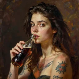 beautiful young woman, soda water, tattoos, in the style of irakli nadar, stern, warm, oil paiting, deep mood, hyperrealism, epic and cinematic