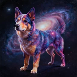 a colorful dog made entirely out of galaxies in space, 4k hd, painting