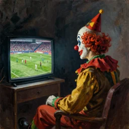 an oil painting of a clown watching soccer on tv, goya, dark,