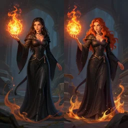 Who : a sorceress with black clothed casting a fire ball; Physical : Ella Knox & Beverly Paige exact same body ; IMPORTANT : Hearthstone official splash art, award winning, trending on Artstation