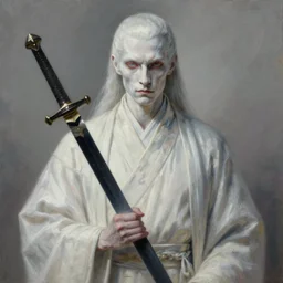 fantasy painting of a pale man dressed in robes with a black blade, painted by Bayard Wu, ultra detailed, 8k