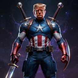 of donald trump as captain america, iridescent, beautiful, technological, galactic, hyper-detailed, mega-detailed, realistic, cinematic, octane render, concept art, dark, cosmic, ominous, dramatic, lovecraftian, symmetric, swords, colorful and dark