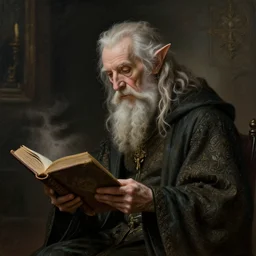 a 1 3 th century, enigmatic, melancholic, fae wizard ( look like ( ( eighty years old christopher lee ) ), is ( ( reading an old book ) ). light dust, magnificent, hyperdetailed, theatrical, painted by louise vigee le brun