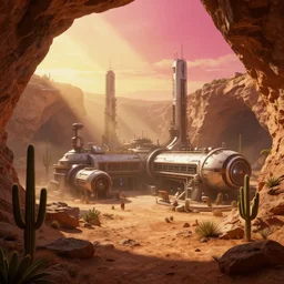 a beautiful render of a sci - fi scientific industrial facility localized in a desert cave, cacti, patches of yellowish - red - magenta sky, sunset lighting, detailed, hazy, dry, volumetric lighting, god rays, 8 k, photorealistic, raytracing effects, rtx on