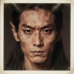 portrait of male demon with black eyes, old vintage photography, damaged photo, film artifacts, scratches, tears, high sharpness, hyperrealistic, ultra detailed, 4 k