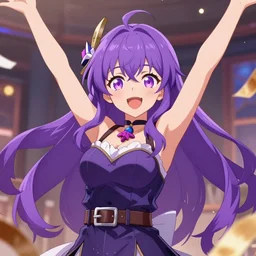 celebratory anime girl, purple hair, trending on artstation