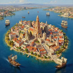 a fire aztec city in a one island lake, surrounded by 15th century ships, ultra detailed, high quality,oil painting, artstation award winner, digital painting, 8k, vibrant, ultra detailed water