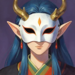 elven masked deity. this air brush painting by an indie anime artist has an interesting color scheme, plenty of details and impeccable lighting.