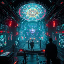 whoever stared at this screen control millions or billion of ongoing operations communion circuits ; mind links ; vibrant, hyperdetailed concept art, by caravaggio, inspired by masamune shirow and ross tran and james gurney, artstation, octane render hdr, rtx, hd photorealistic concept art