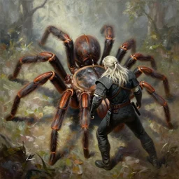 Geralt from The Witcher fighting a colossal tarantula 4k oil painting