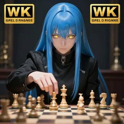 rimuru playing chess, with golden eyes, straight sky blue hair, long bangs, black jacket, high collar, concept art, award winning photography, digital painting, cinematic, by wlop, anime key visual, wlop, 8 k, by ross tran, chengwei pan, paul kwon,