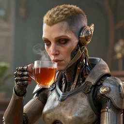 stunning award winning hyperrealistic hdr 8 k highly detailed portrait photo of glados drinking tea