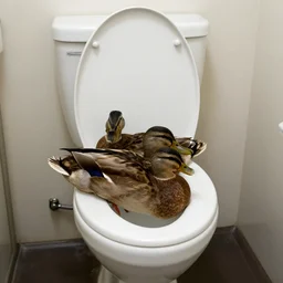 ducks sitting inside toilets