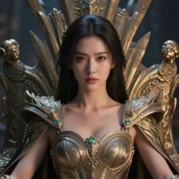 closeup portrait of a strong fierce beautiful young asian queen with medium length hair, sitting on her throne, mother of mankind, ruler of the universe, future year 3 0 0 0, highly detailed, intricate, elegant, hyperrealism, 8 k hd, octane render, unreal engine 5