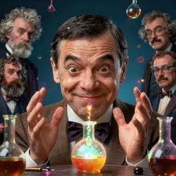 mr. bean mad scientist psychopath making extremely silly faces, conjuring up mysterious colorful potions, glows, 3 point lighting, portrait by gaston bussierre and charles vess and james jean and erik jones and rhads, epic, funny, beautiful fine face features, intricate high details, sharp, ultradetailed