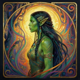 side profile centered painted portrait, female orc forest druid, tribal, green skin, d & d, gloomhaven, matte painting concept art, art nouveau, beautifully backlit, swirly vibrant color lines, fantastically gaudy, aesthetic octane render, 8 k hd resolution, by ilya kuvshinov and cushart krentz and gilleard james
