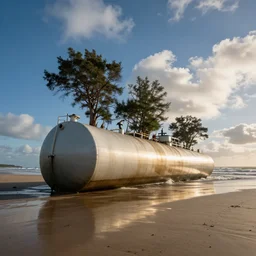 landscape photo, huge tanker stranded on beach. trees are growing out of the tanker. long coast, rias coast, blue sky, clouds, sea birds
