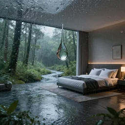 a closeup view of a cold water on glass with a waterdrop drop inside a modern bedroom in the middle of a raining forest with river, unreal 5, hyperrealistic, realistic, photorealistic, dynamic lighting, highly detailed, cinematic landscape, studio landscape, studio lighting
