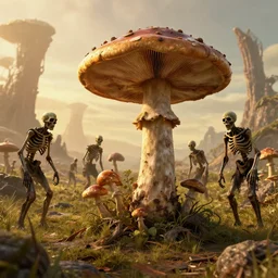 hyper realistic highly detailed nature photography of mushroom infested skeleton zombies, prehistoric planet, volumetric lighting, octane render, 4 k resolution, golden hour
