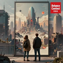 a couple of people standing next to each other in front of a city, poster art by stephan martiniere, behance contest winner, afrofuturism, apocalypse landscape, apocalypse art, dystopian art