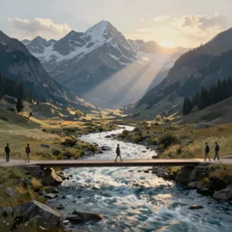 High-Quality realist painting of a river crossing a valley in the Alps at dawn, long shadows, beams of sunlight, peaceful, very detailed, digital art.