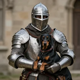 jerma985 wearing medieval armor hugs a dachsund, portrait photo