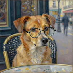 a dog wearing glasses in a parisian cafe, impressionist painting, detaild, museum, masterpiece